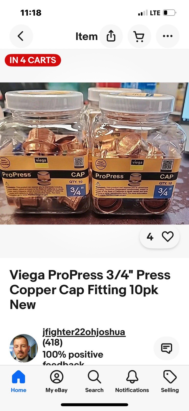 Viega ProPress 3/4" Press Copper Cap Fitting 10pk New