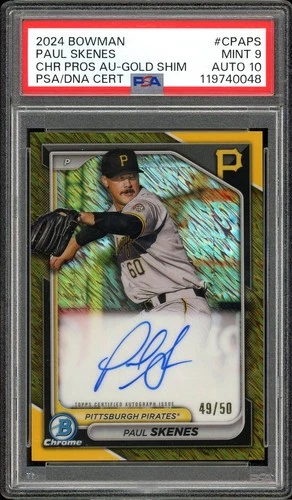 2024 Bowman Paul Skenes Chrome Prospect Auto Gold Shimmer /50 PSA 9 Auto 10