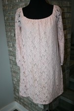 Free Press Womens Pink Lace Long Sheer Sleeve Off the Shoulder Lined Dress SZ M