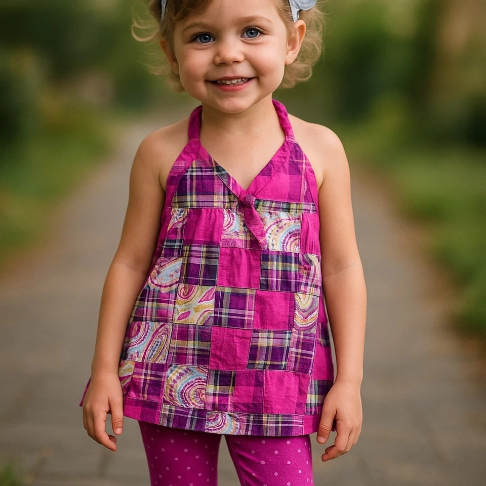 Kelly's Kids Halter Top Size 5 6 Pink Patchwork Madras Plaid Purple Dress - Image 2 of 4