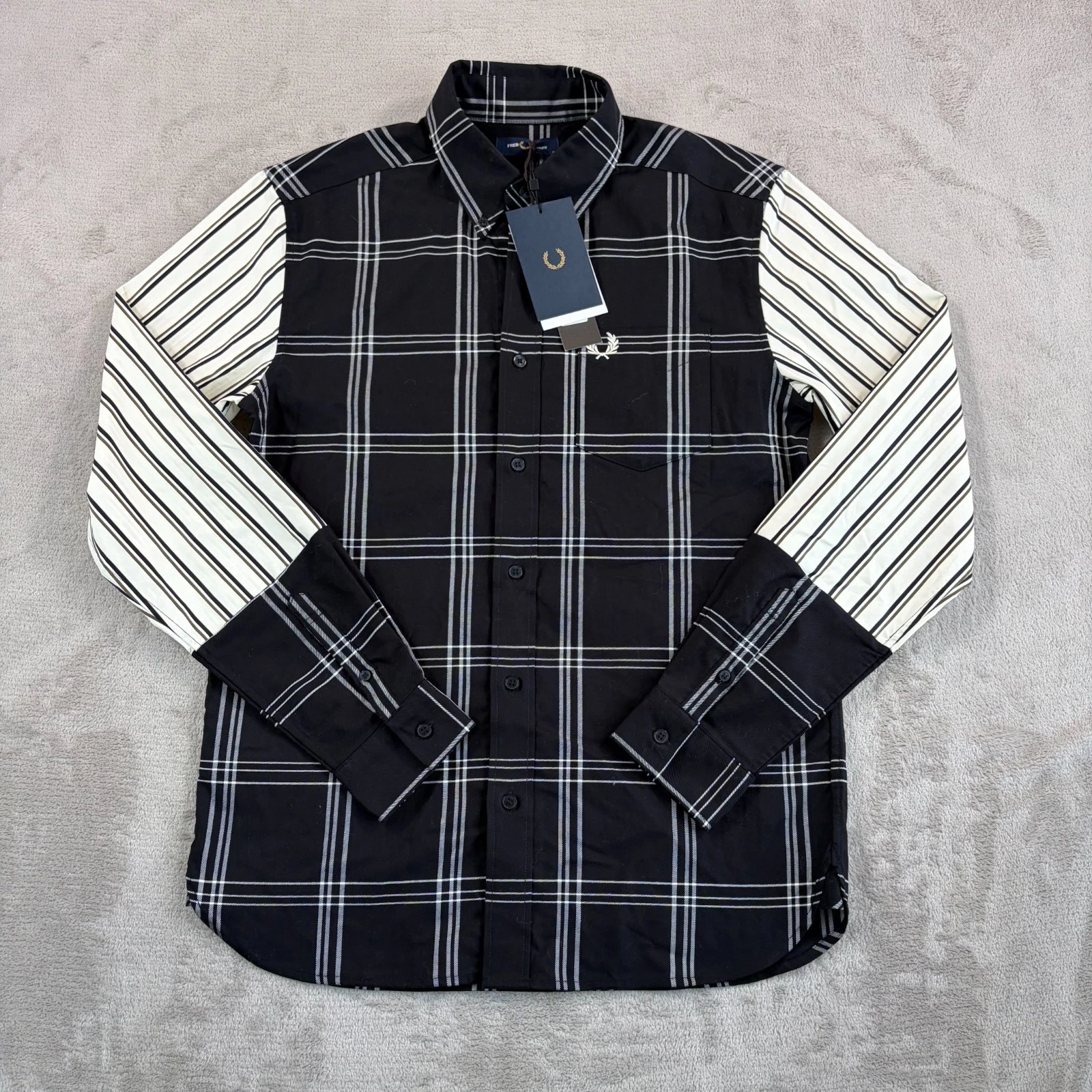 FRED PERRY Mixed Check ColorBlock Shirt Men Medium Black Chest Logo NWT $199