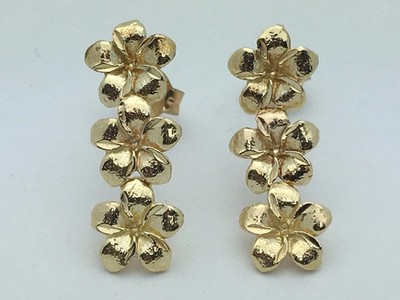 14k Yellow Gold Plated Solid Hawaiian Plumeria Flower Drop Dangle Earrings