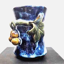 Studio Art Pottery Vase w/Applied 3d Fruit Hand Made Stoneware Pot OOAK 6"