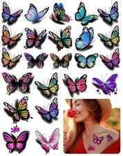 3D Butterflies and Flowers Temporary Stickers Tattoo, Colorful Body Art Tattoos 