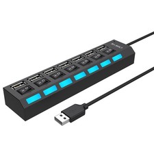 Multi Port Splitter, 7 USB 2.0 Hub, A 6.5 x 1.38 x 0.98, Black 