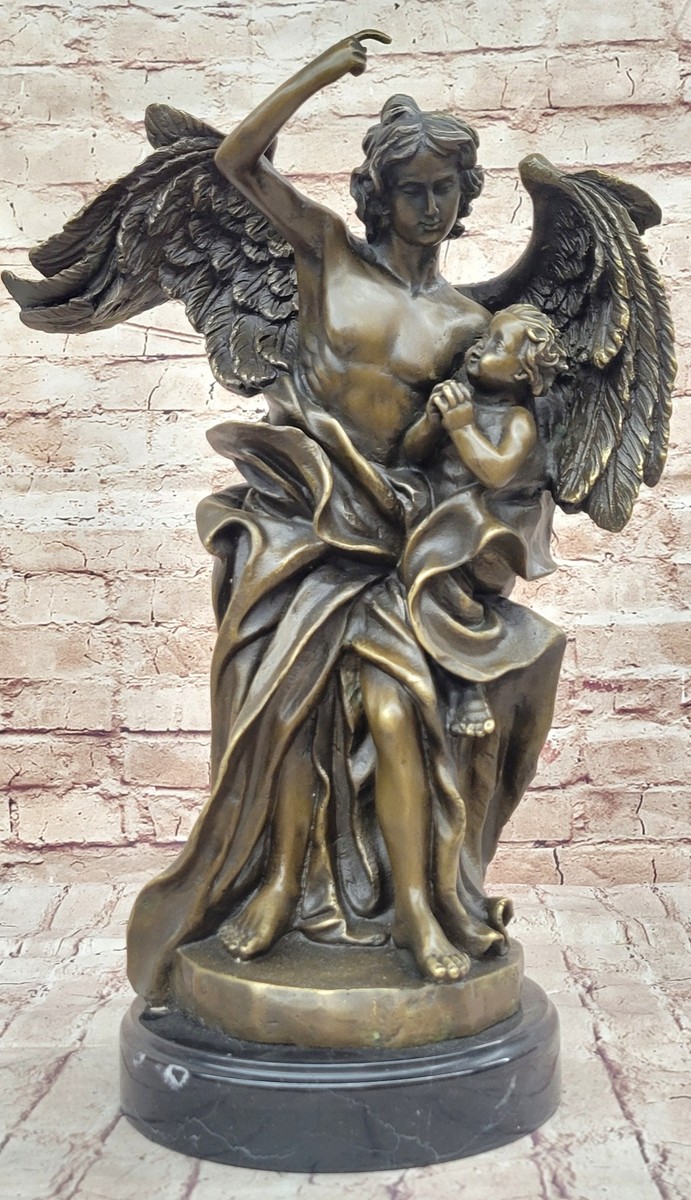 Signed Leonard Large Muscular Angel with a Child Bronze Marble