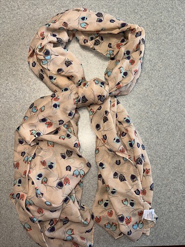 All Over Owl Print Scarf 68 x 28 blue orange beige repetitive pattern 100% poly - Picture 3 of 9