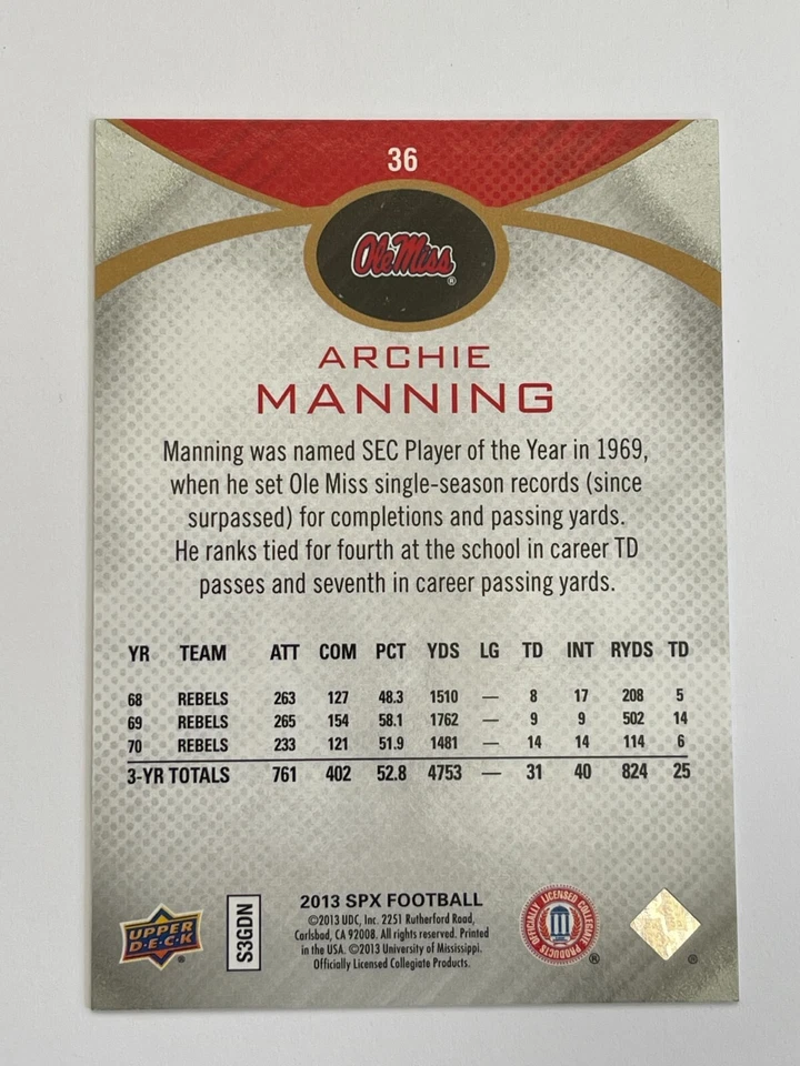 2013 Upper Deck SPx Ole Miss Archie Manning #36 - Image 2 of 2