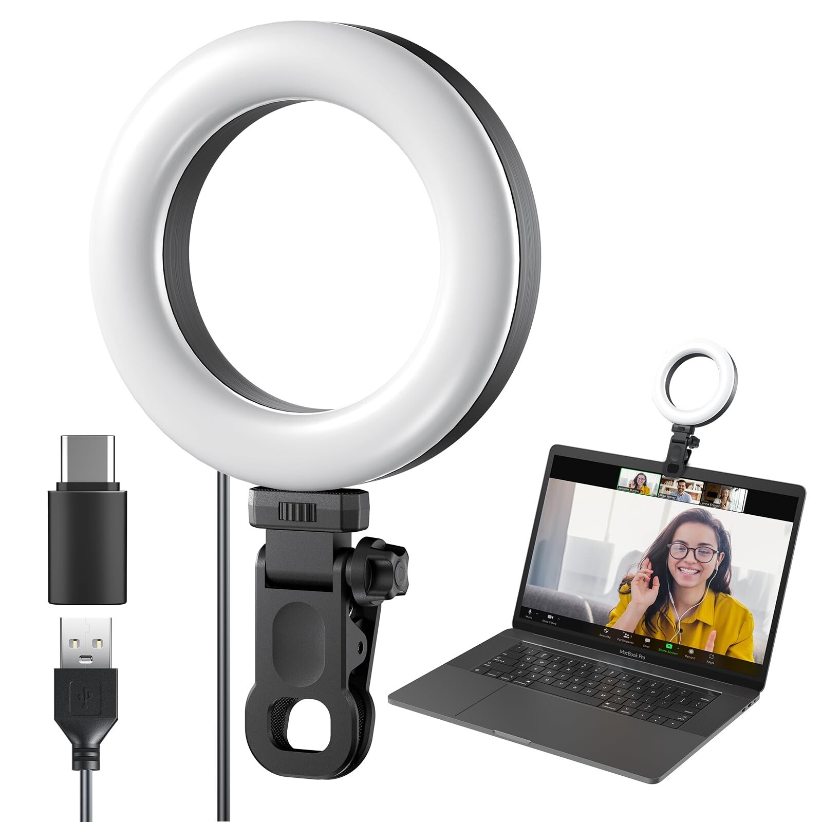 Ring Light Clip on Laptop Monitor, Webcam Light 10 Brightness Level Video Con...-image