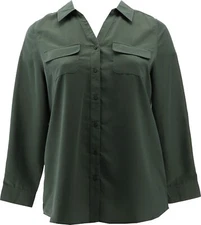 Denim & Co Roll Tab Slv Button Utility Tunic Dark Olive M NWOT (228)