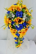 Brides Teardrop Bouquet In Royal Blue Blue and Sunflowers 