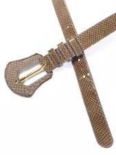 Vintage 1990's Cache Taupe Snake Skin Belt Covered Shield Shaped Buckle 28 - 29