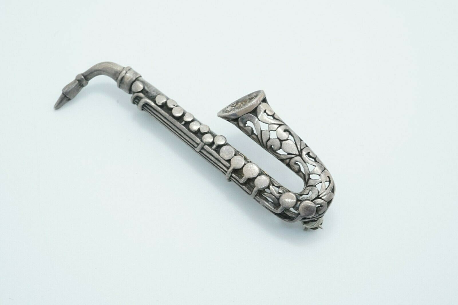Vintage Jezlaine Sterling Silver Scroll Design Saxophone Brooch