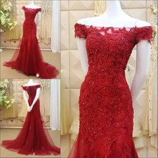 Red Mermaid Evening Dresses Off-Shoulder Applique Party Prom Gowns Court Train