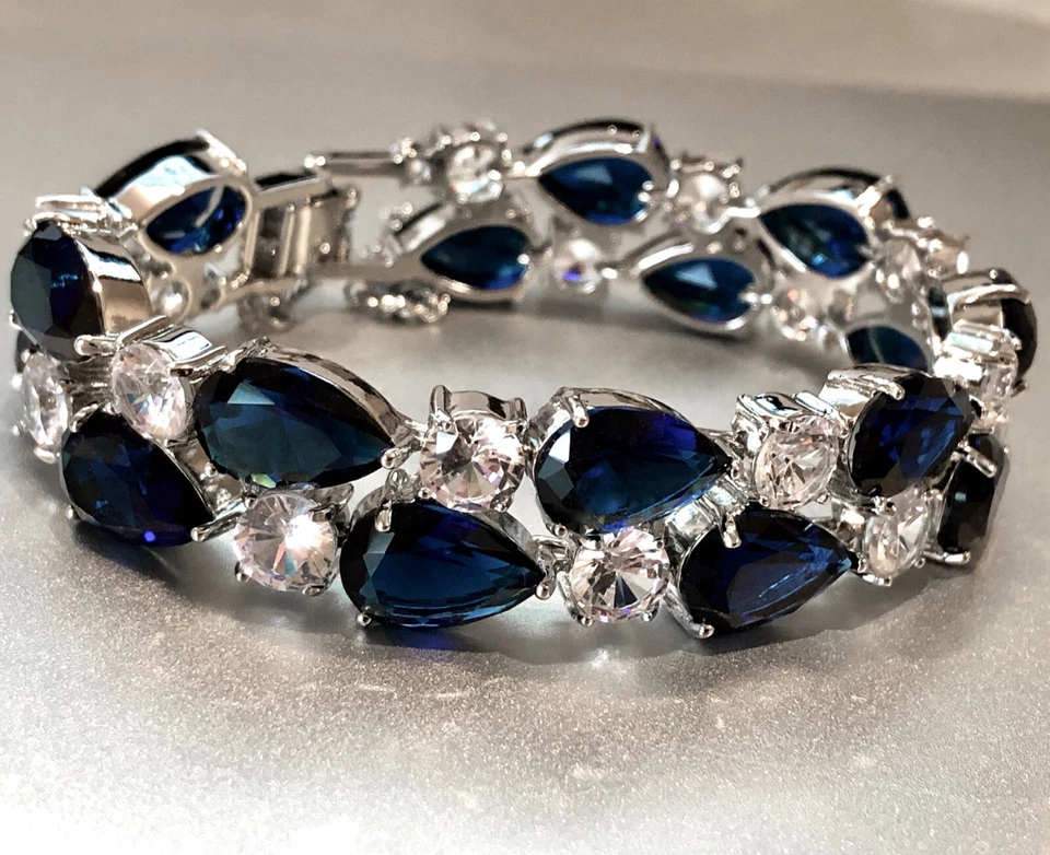 18k White Gold Filled Lab Blue Sapphire & Simulated Diamond Tennis Bracelet Gift - Image 3 of 4
