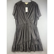 NWT Michael Kors $165 Womens 2X Ruffled Shimmer Chiffon Dress Black Metallic
