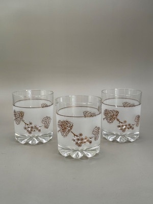 3 Mid Century Cerve DeValbor Italy Frosted & Golden Grapes Low Ball Glass's