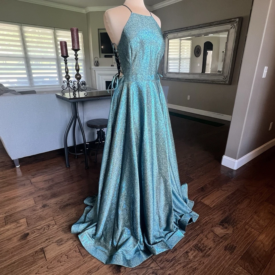 Juliet Formal Gown Size XXL Prom HOCO Dress Teal Sparkle Lace Up Sides High Neck — 第 3/4 张图片