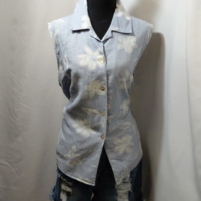 Lemon Grass Light Blue Sleeveless Floral Collared Linen Cotton Blouse L