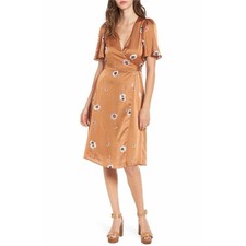 ASTR The Label Fiona Wrap Dress M Satin Floral Flutter Sleeve Feminine Romantic