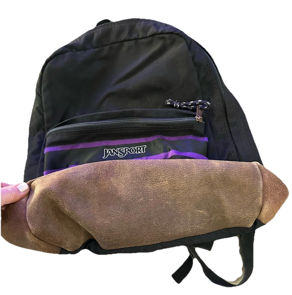 Mochila de Colección JanSport EE. UU. Parte Inferior de Cuero Negra Años 90 Retro Senderismo Bolso para Libros Foto 2 de 4