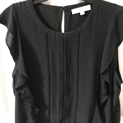 NWOT Loft Black Fancy Blouse XL Short Sleeve Ruffles Crochet Trim Flutter Sl