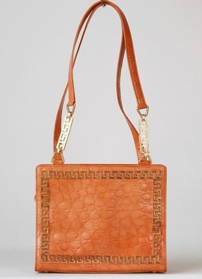 Vintage Gianni Versace Greek Key Chain Orange Leather Square Shoulder Bag