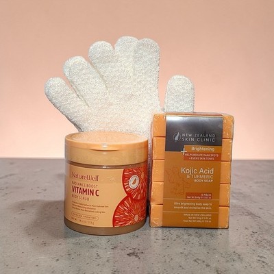 Kojic Acid Turmeric Soap 5 Pack Vitamin C Body Scrub Set Brightening Exfoliating
