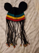 Disney Parks Mickey Mouse Ears Rasta  Beanie Hat Jamaican Braid Beads Adult 