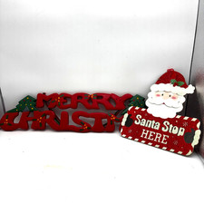 Wooden Christmas Signs Merry Christmas Santa Stop Here Holiday Decor Lot of 2