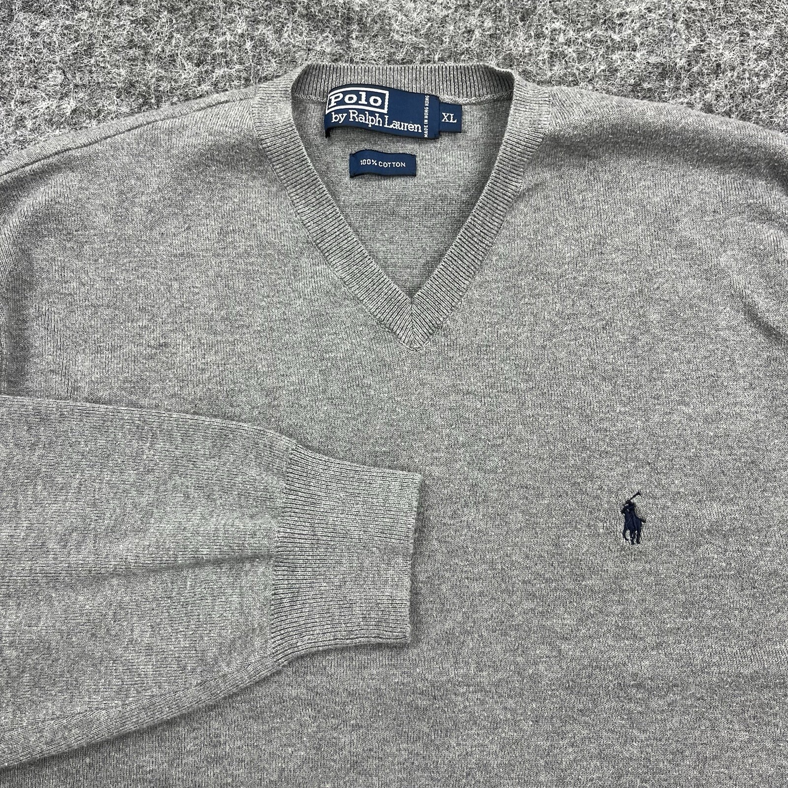 Vintage Polo Ralph Lauren Sweater Mens Extra Larger XL Gray V Neck Pullover Pony