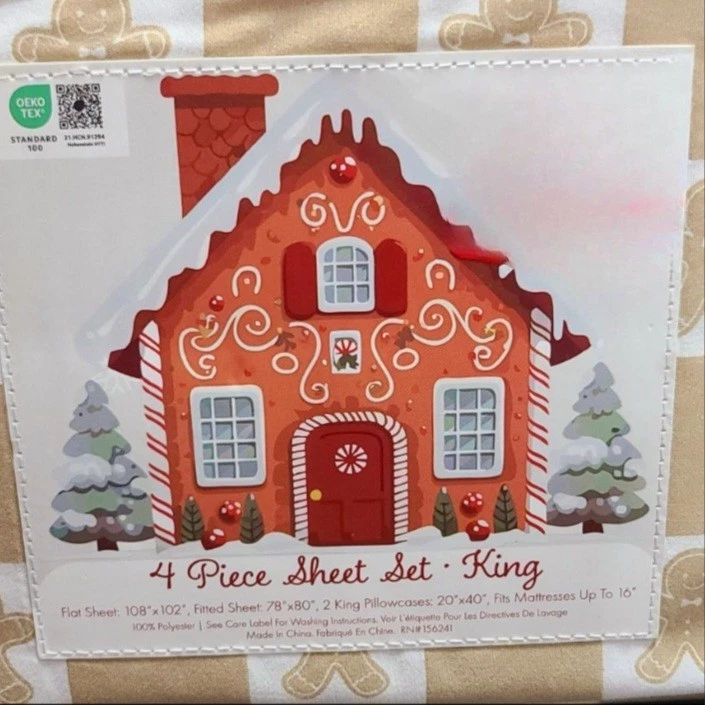 Juego de sábanas king de galletas de jengibre a cuadros de Navidad de 4 piezas NUEVO Foto 2 de 4