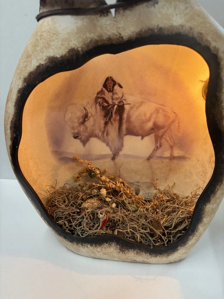 Vintage Native American Indian w/ Buffalo Night Light Lamp - Ceramic   - 10 Inch - Image 2 of 4