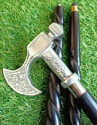 Antique Sliver Finish Axe Head Handle Victorian Sprial Wooden Walking Stick Cane