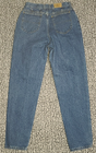 Light blue high-waisted L.L.Bean mom jeans with back pocket stitching and tan leather L.L.Bean patch on waistband.