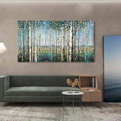 Birch Forest Canvas Wall Art Pogusmavi Teal 24x48 Inch