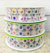 3 Floral Garden IRIDESCENT SILVER RAINBOW GEM MESH RIBBON 3/4” x 9ft LOT of 3