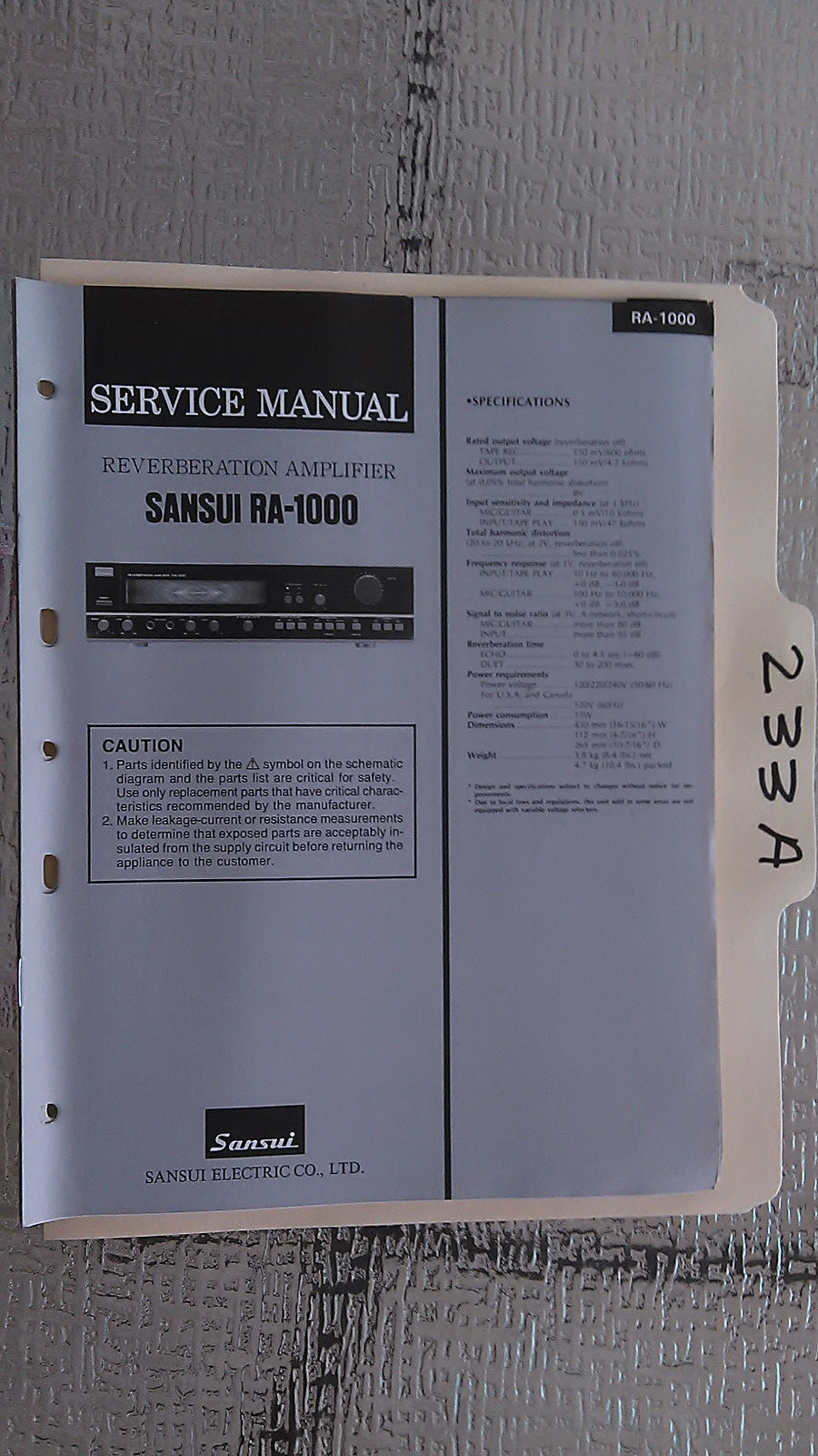 Sansui RA-1000 original service manual for stereo reverb amp repair