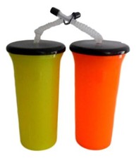 2 Lg Sports Tumblers Lids Straws 1 Chartreuse & Orange Made in America Lead Free
