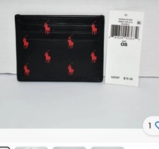 NWT POLO Ralph Lauren Men's Leather Card Case Allover Pony Ryder Cup BLK/RED