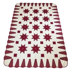 Vintage Dahlia Star Quilt White Maroon Scalloped Border Hand Stitched 70X100