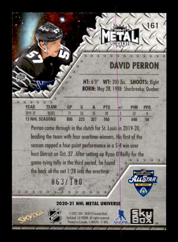 2020-21 Skybox Metal Universe Precious Metal Red #161 David Perron #63/100 (Y78) - Image 2 of 2