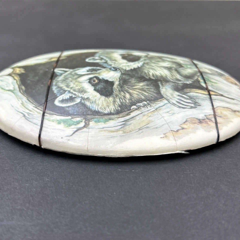 Vintage Hand Made Plaster Raccoon Art Transfer Oval Wall Plaque Decor 5 x 4 in - Image 2 of 4