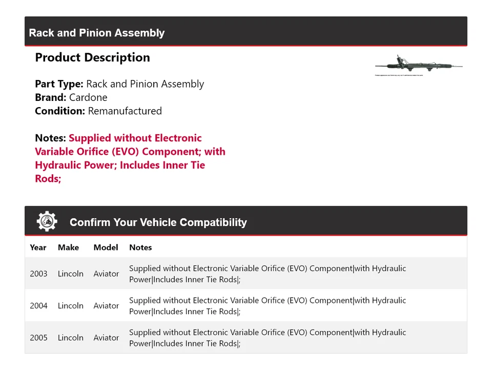For 2003-2005 Lincoln Aviator Rack and Pinion Assembly Cardone 2004 - Image 2 of 4