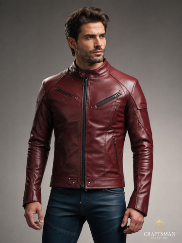 Men's Handmade Red Leather Jacket - Classic Biker Design
