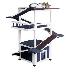 Outdoor Cat Tree Weatherproof Multi-Level Wooden Cat House with Escape Door