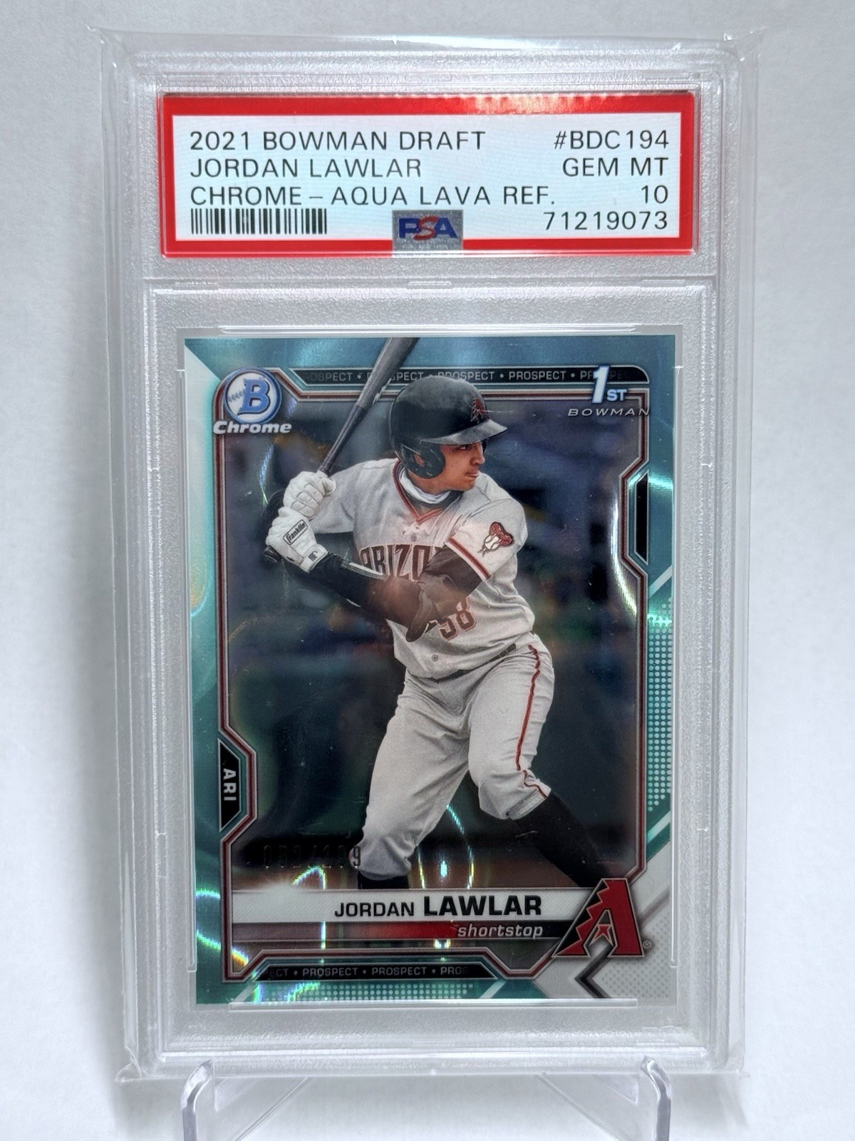 2021 Bowman Draft Jordan Lawlar Chrome Aqua Lava 1st Prospect #/199 PSA 10