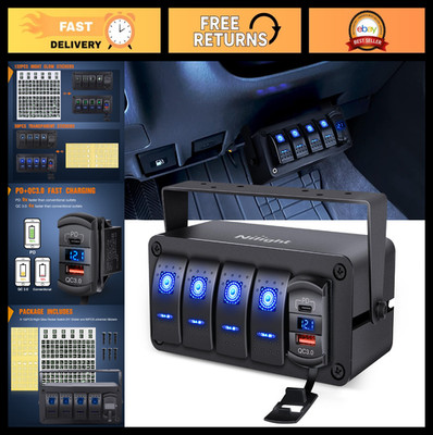 4 Gang Rocker Switch Box w/Voltmeter, USB & Type C Socket | 12V 24V SPST ON/OFF,