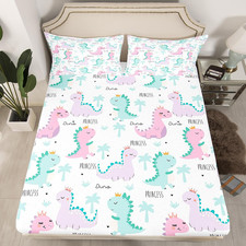 Erosebridal Dinosaur Fitted Sheet Pink Purple Dinos Bedding Set For Kids Girls