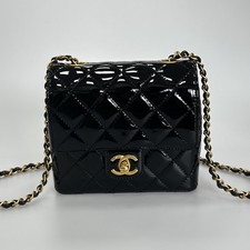 Authentic Chanel 22K Black Patent Leather Mini Square Flap Bag Gold Hardware
